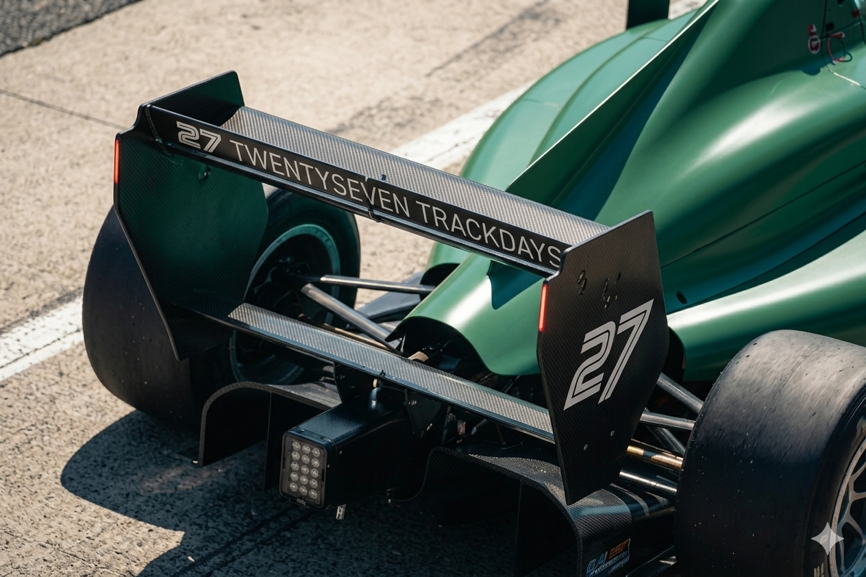 KI-generiertes Bild des Heckflügels eines dunkelgrünen Formelfahrzeugs mit TWENTYSEVEN TRACKDAYS Branding in der Boxengasse.