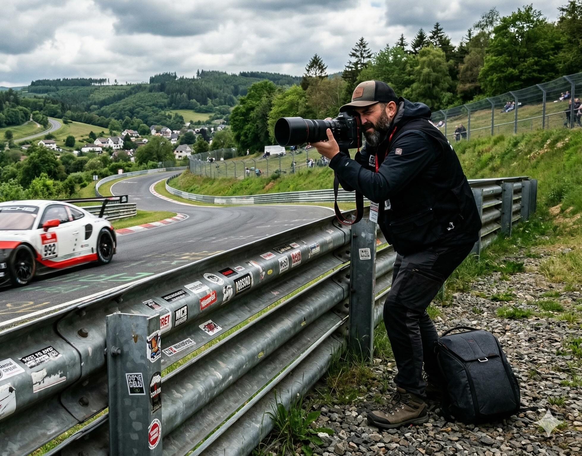 Videograf am Rand der Nürburgring Nordschleife. Auf der Rennstrecke fährt ein Porsche 992 GT3R mit dem Porsche Motorsport Livery vorbei.