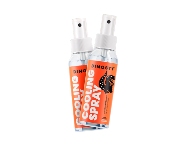 Two spray bottles of DINOSTY Cooling Spray, a cooling spray for sport and motorsport.