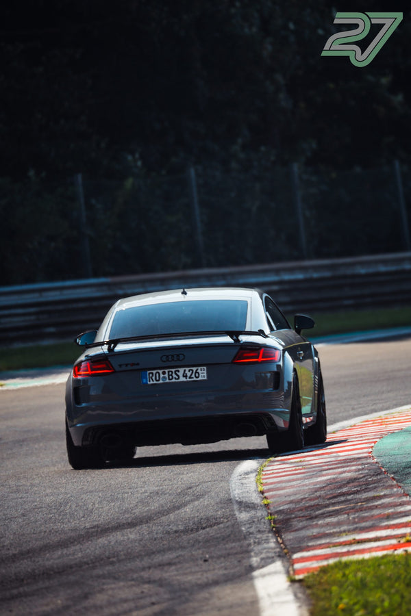 Grauer Audi TT RS taucht in eine dunkle Schattenkurve ein, Randsteine leuchten rot-weiß