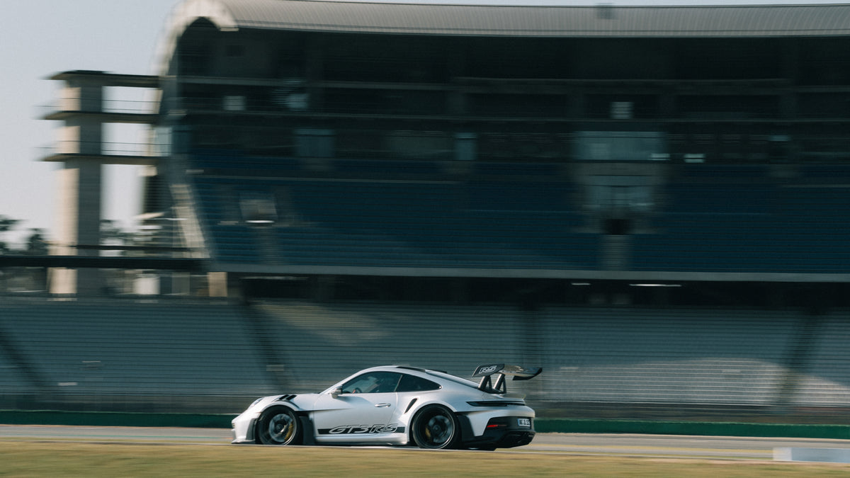 Matte silver Porsche 911 GT3 RS at the Hockenheimring at a TWENTYSEVEN trackday